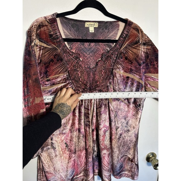 One World 2X Top Velvet Burnout Purple Pink Boho Embellished V-Neck 3/4 Sleeve - Picture 8 of 11